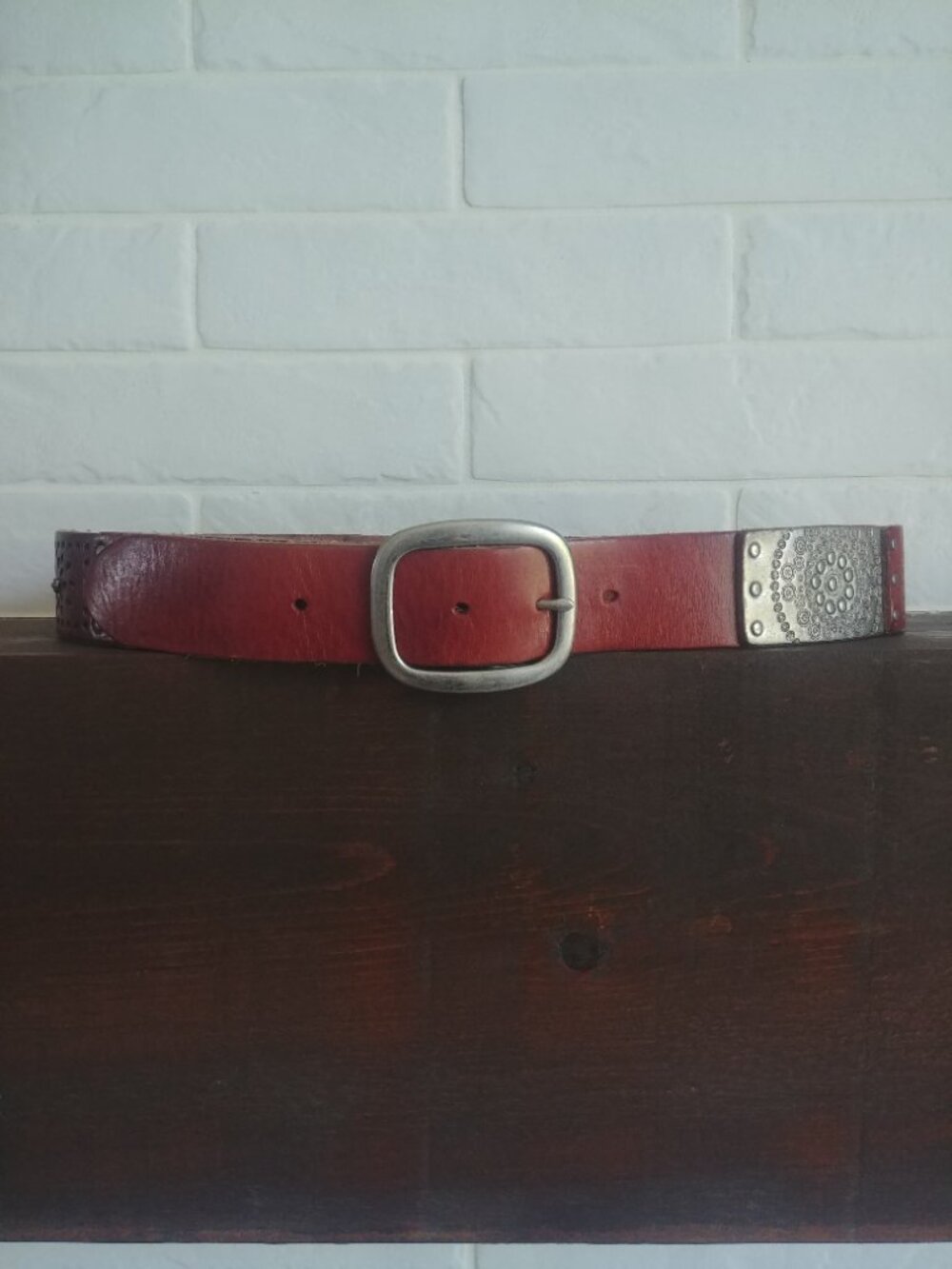 Fossil genuine leather brown and silver studded patchwork look belt Small